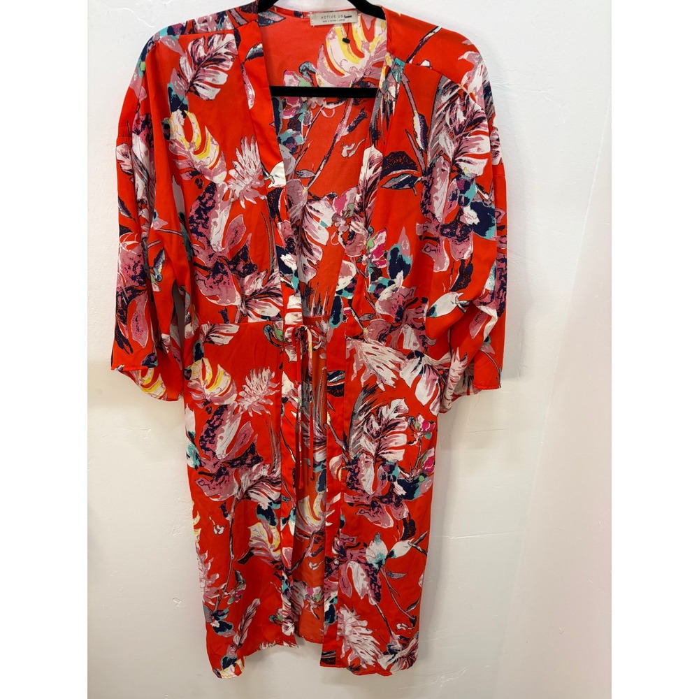 Active USA Orange Tropical Floral Kimono Wrap Dress Duster Large